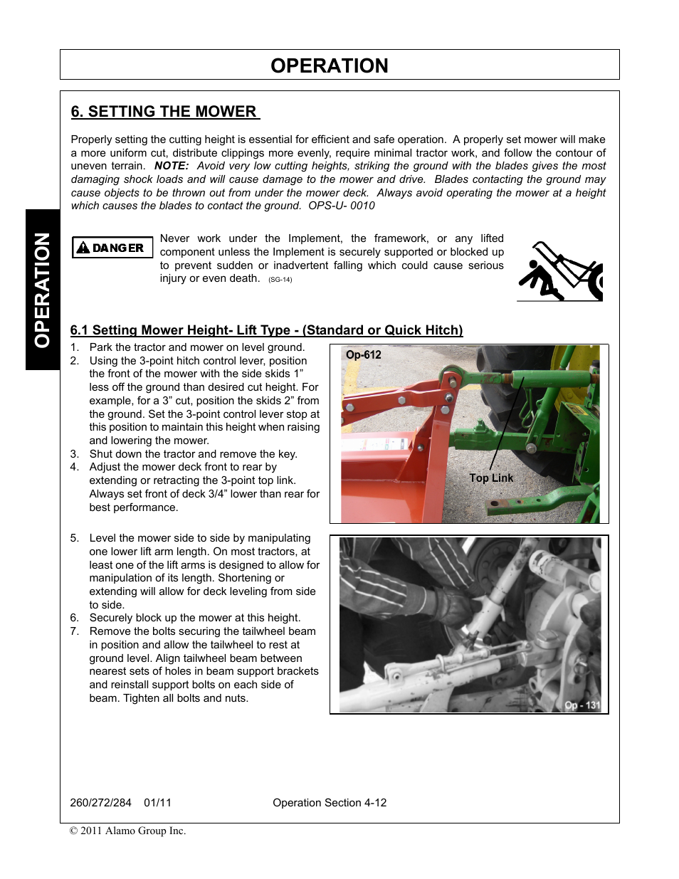 Setting the mower, Park the tractor and mower on level ground, Shut down the tractor and remove the key | Securely block up the mower at this height, Operation, Opera t ion | Alamo 284 User Manual | Page 64 / 136