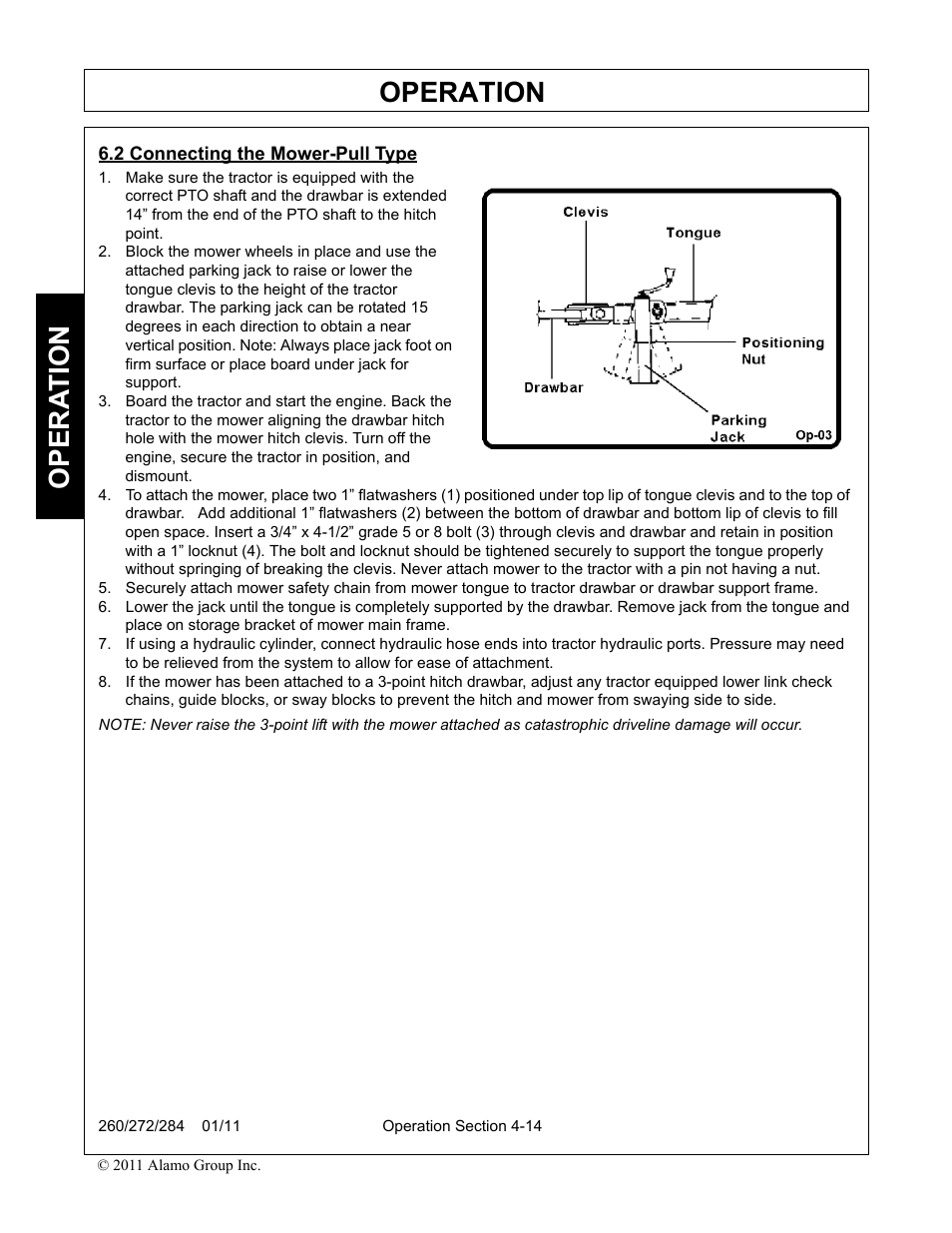 2 connecting the mower-pull type, Connecting the mower-pull type -14, Operation | Opera t ion | Alamo 284 User Manual | Page 66 / 136