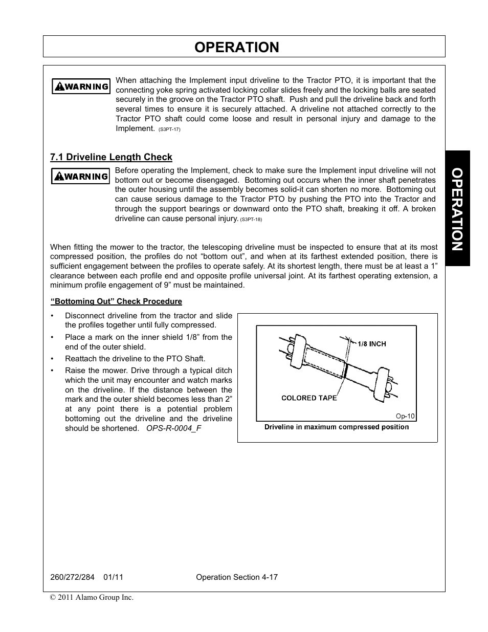 1 driveline length check, Driveline length check -17, Operation | Opera t ion | Alamo 284 User Manual | Page 69 / 136