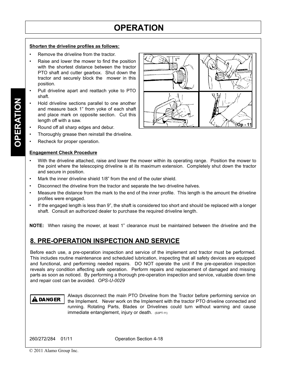 Pre-operation inspection and service, Pre-operation inspection and service -18, Operation | Opera t ion | Alamo 284 User Manual | Page 70 / 136