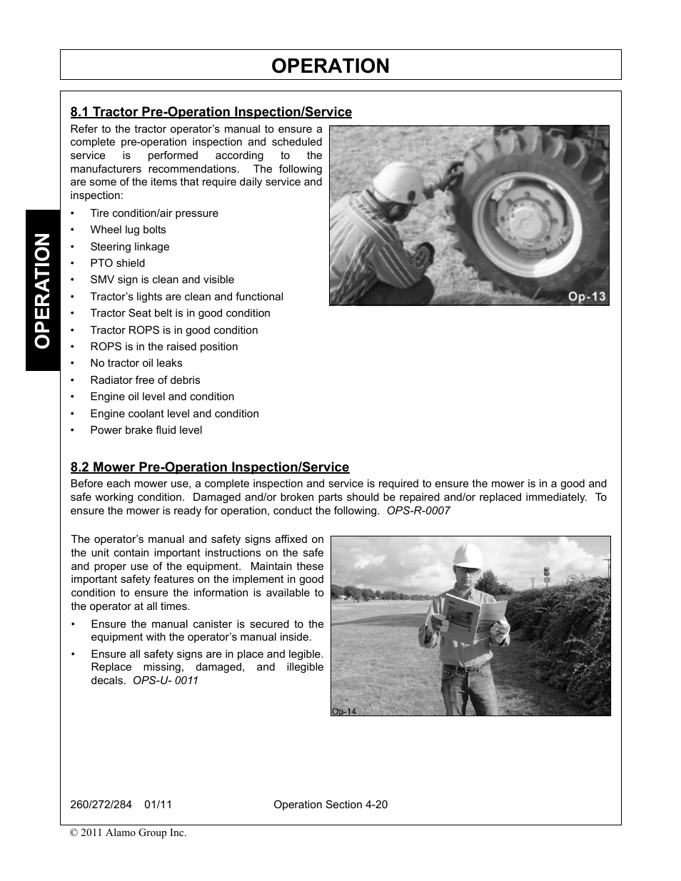 1 tractor pre-operation inspection/service, 2 mower pre-operation inspection/service, Operation | Opera t ion | Alamo 284 User Manual | Page 72 / 136