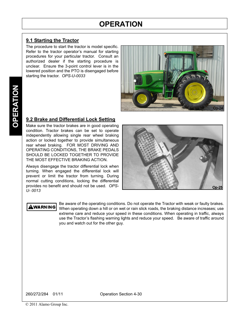 1 starting the tractor, 2 brake and differential lock setting, Operation | Opera t ion | Alamo 284 User Manual | Page 82 / 136