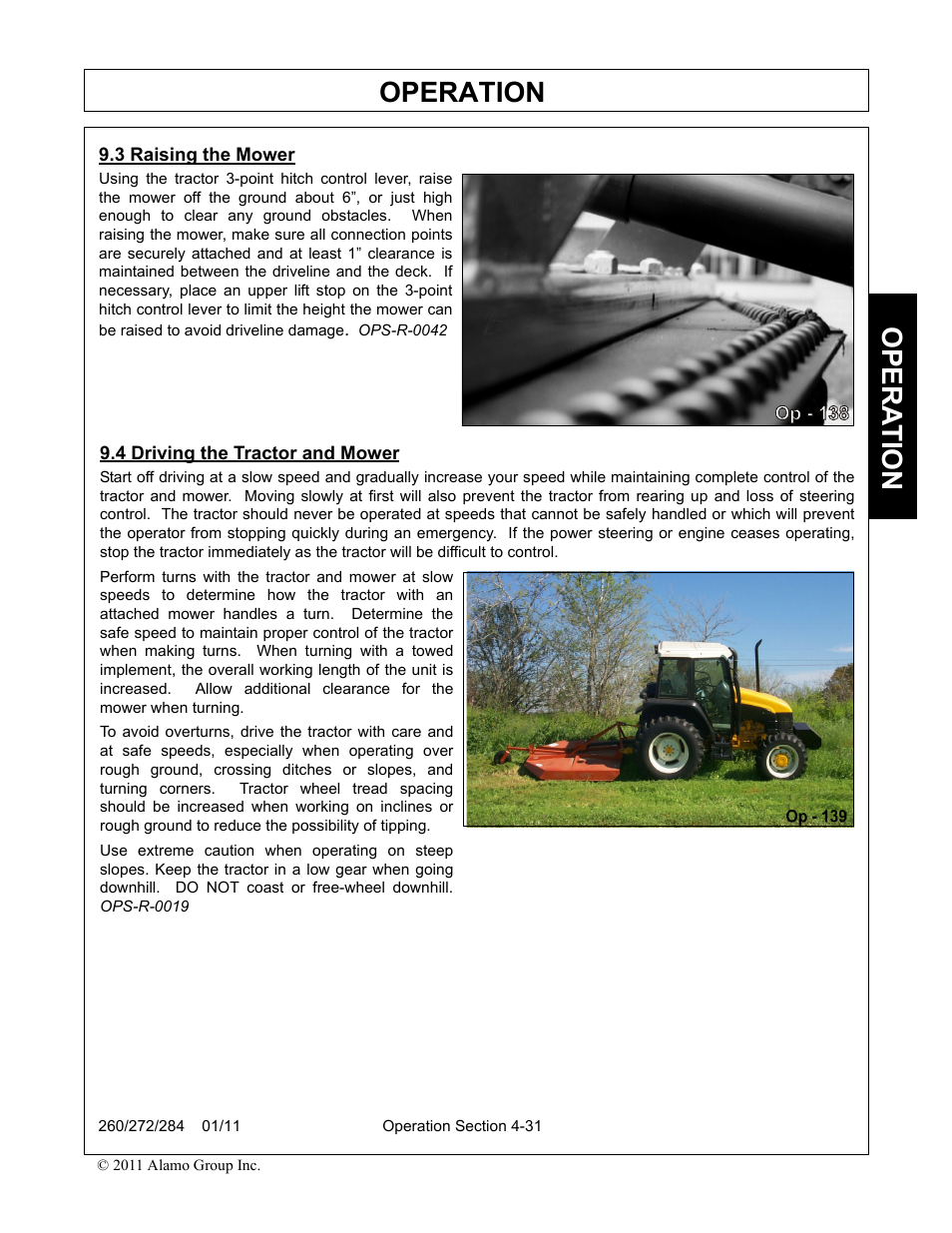 3 raising the mower, 4 driving the tractor and mower, Operation | Opera t ion | Alamo 284 User Manual | Page 83 / 136