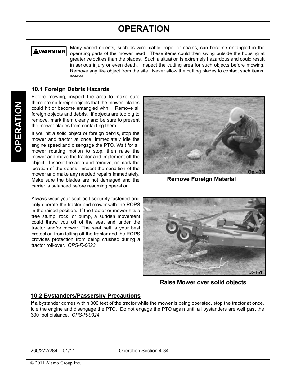 1 foreign debris hazards, 2 bystanders/passersby precautions, Operation | Opera t ion | Alamo 284 User Manual | Page 86 / 136