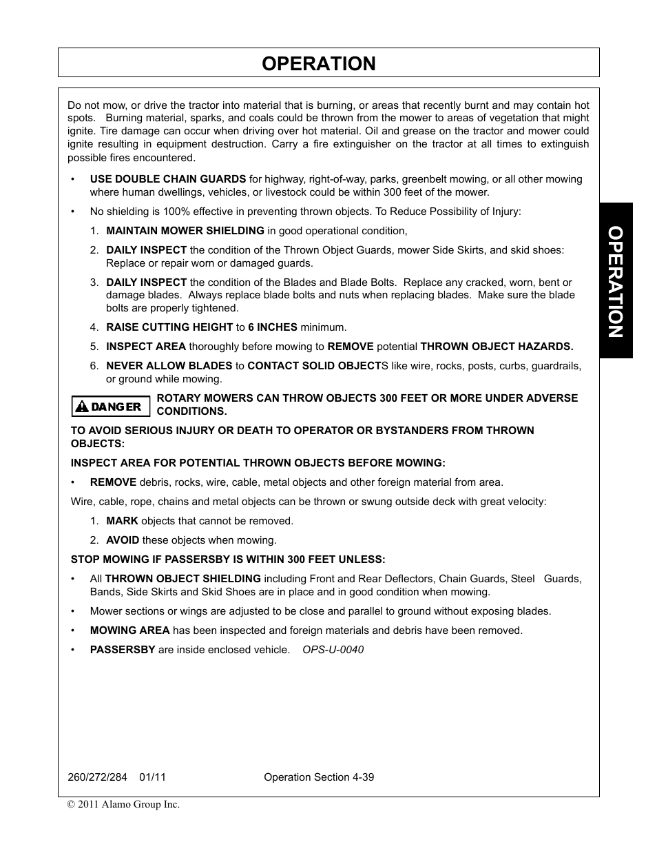 Raise cutting height to 6 inches minimum, Mark objects that cannot be removed, Avoid these objects when mowing | Operation, Opera t ion | Alamo 284 User Manual | Page 91 / 136