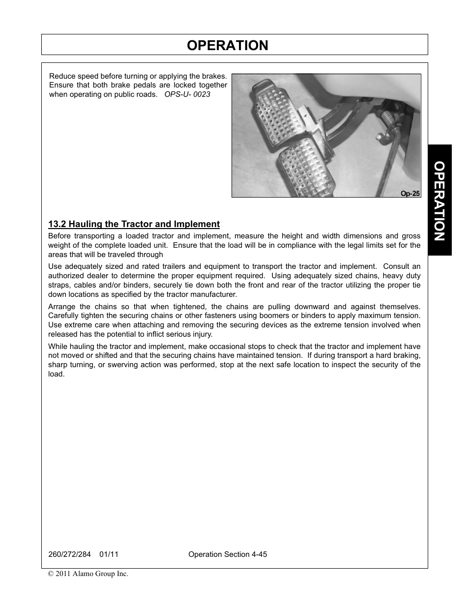 2 hauling the tractor and implement, Hauling the tractor and implement -45, Operation | Opera t ion | Alamo 284 User Manual | Page 97 / 136