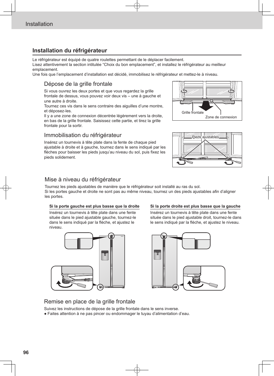 Installation installation du réfrigérateur, Dépose de la grille frontale, Immobilisation du réfrigérateur | Mise à niveau du réfrigérateur, Remise en place de la grille frontale | Panasonic NRB53VW1 User Manual | Page 12 / 31
