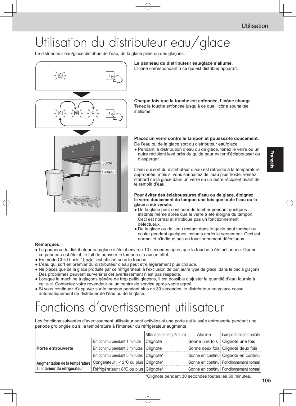 Fonctions d’avertissement utilisateur, Utilisation du distributeur eau/glace, Utilisation | Panasonic NRB53VW1 User Manual | Page 21 / 31