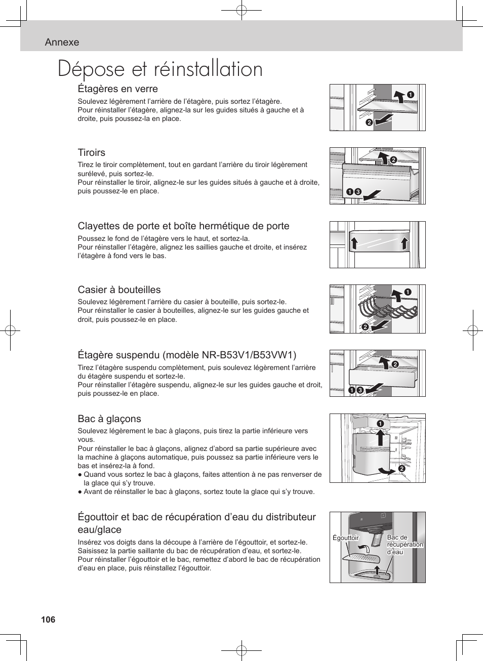 Dépose et réinstallation, Annexe étagères en verre, Tiroirs | Clayettes de porte et boîte hermétique de porte, Casier à bouteilles, Bac à glaçons | Panasonic NRB53VW1 User Manual | Page 22 / 31