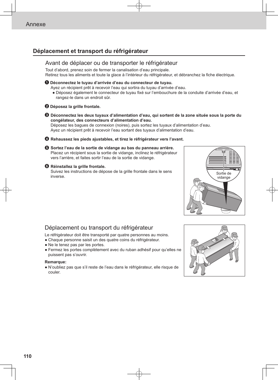 Déplacement ou transport du réfrigérateur | Panasonic NRB53VW1 User Manual | Page 26 / 31