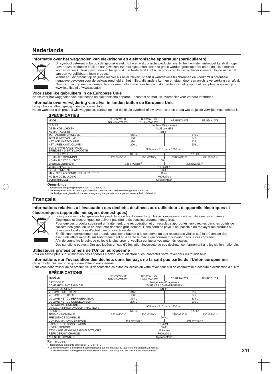 Nederlands, Français, Voor zakelijke gebruikers in de europese unie | Specificaties, Utilisateurs professionnels de l’union européenne, Spécifications | Panasonic NRB53VW1 User Manual | Page 30 / 31