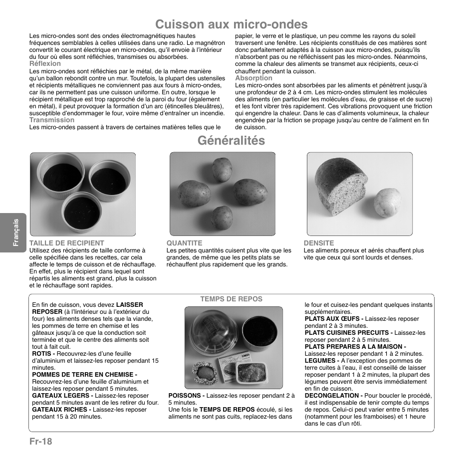 Cuisson aux micro-ondes généralités, Fr-18 | Panasonic NNGD559WWPG User Manual | Page 19 / 40