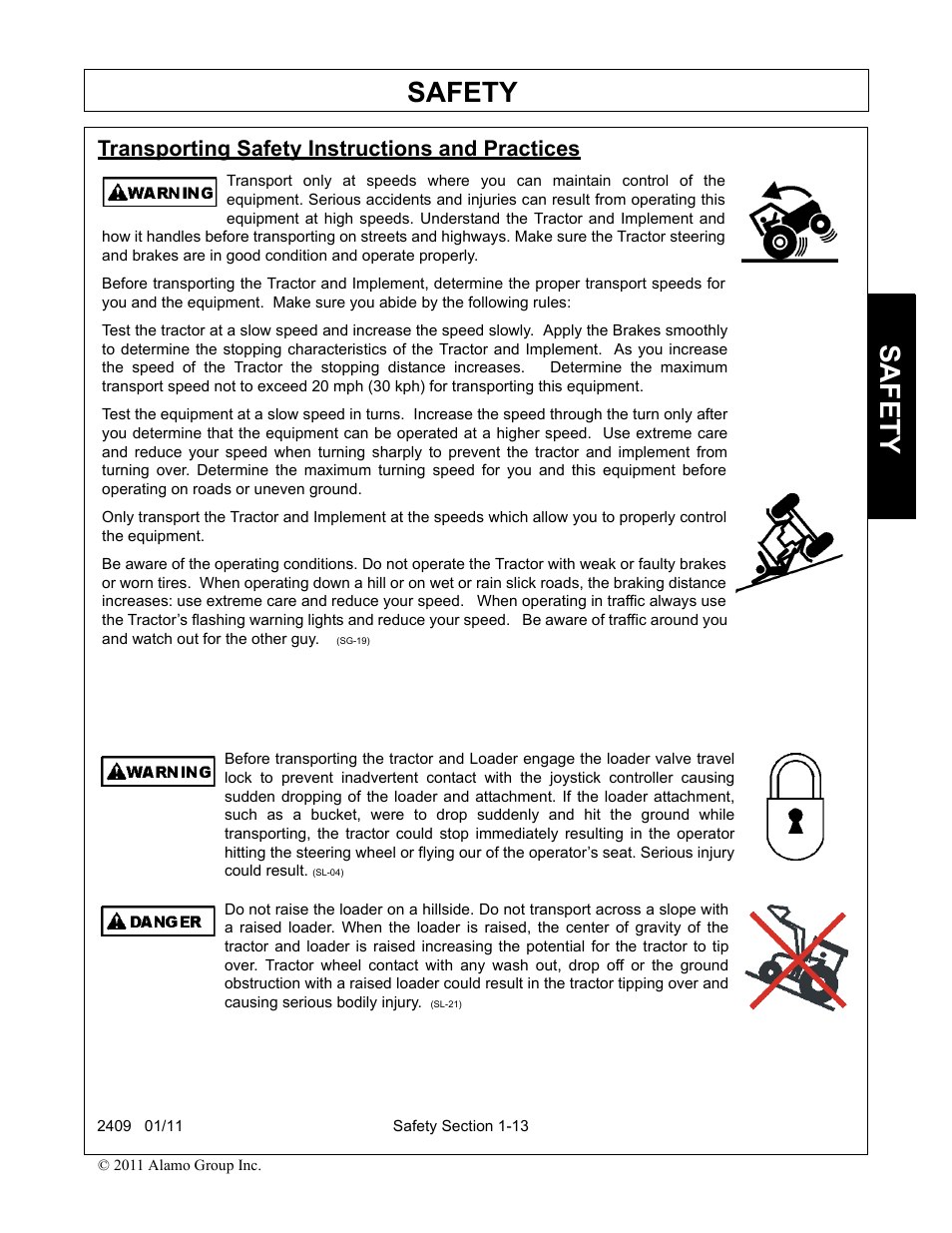 Transporting safety instructions and practices, Transporting safety instructions and practices -13, Safety | Alamo RHINO 2409 User Manual | Page 17 / 106