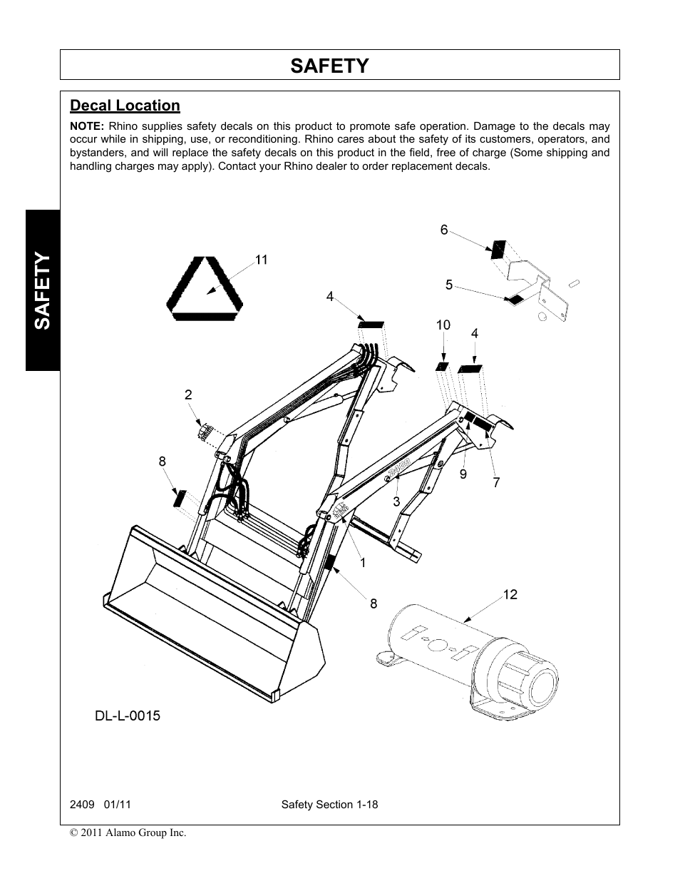 Decal location, Decal location -18, Safety | Alamo RHINO 2409 User Manual | Page 22 / 106