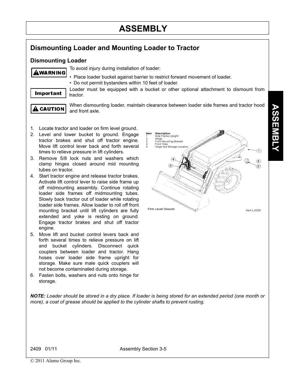 Dismounting loader and mounting loader to tractor, Dismounting loader, Locate tractor and loader on firm level ground | Assembly, Assembl y | Alamo RHINO 2409 User Manual | Page 41 / 106