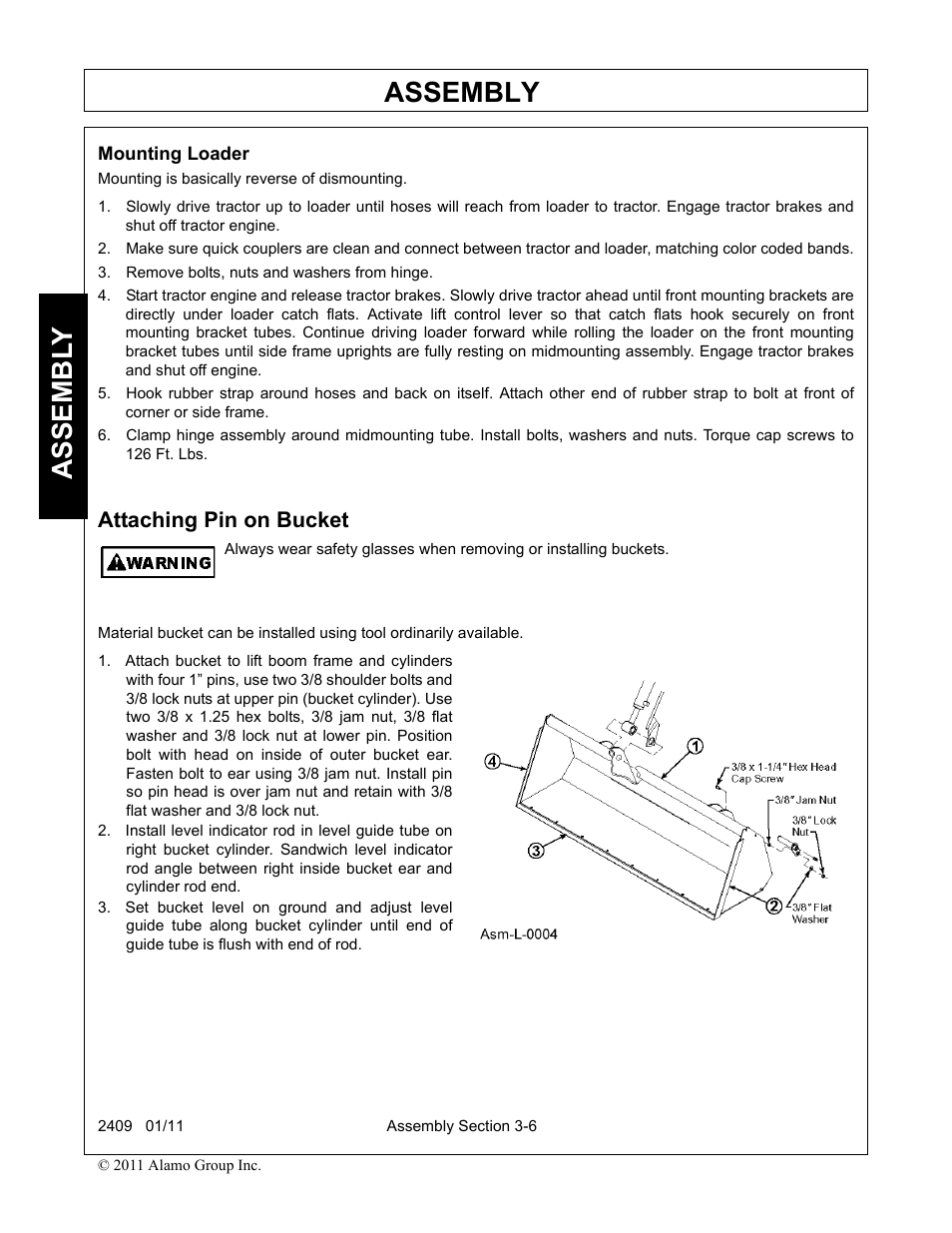 Mounting loader, Remove bolts, nuts and washers from hinge, Attaching pin on bucket | Mounting loader -6 attaching pin on bucket -6, Assembly, Assembl y | Alamo RHINO 2409 User Manual | Page 42 / 106