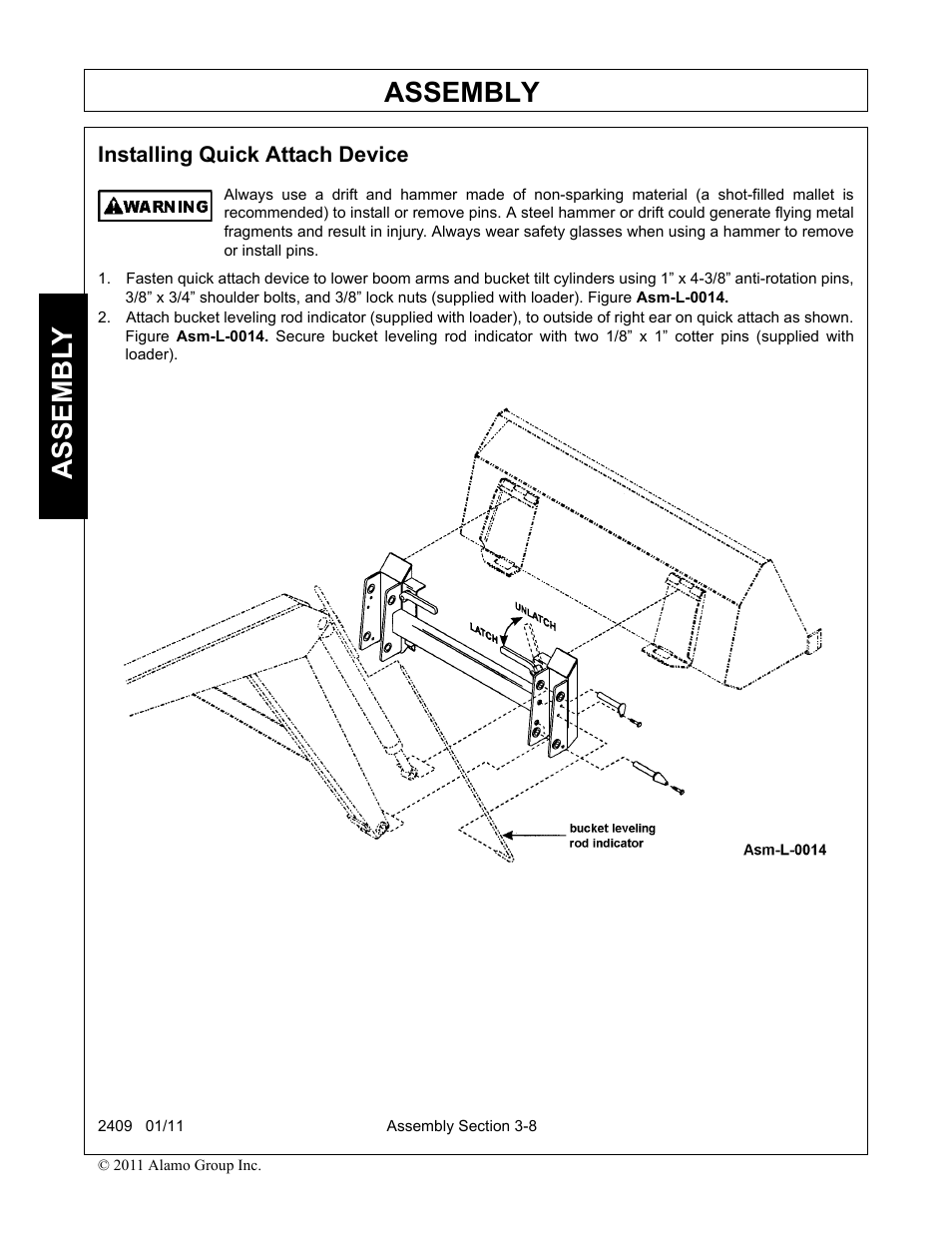 Installing quick attach device, Installing quick attach device -8, Assembly | Assembl y | Alamo RHINO 2409 User Manual | Page 44 / 106