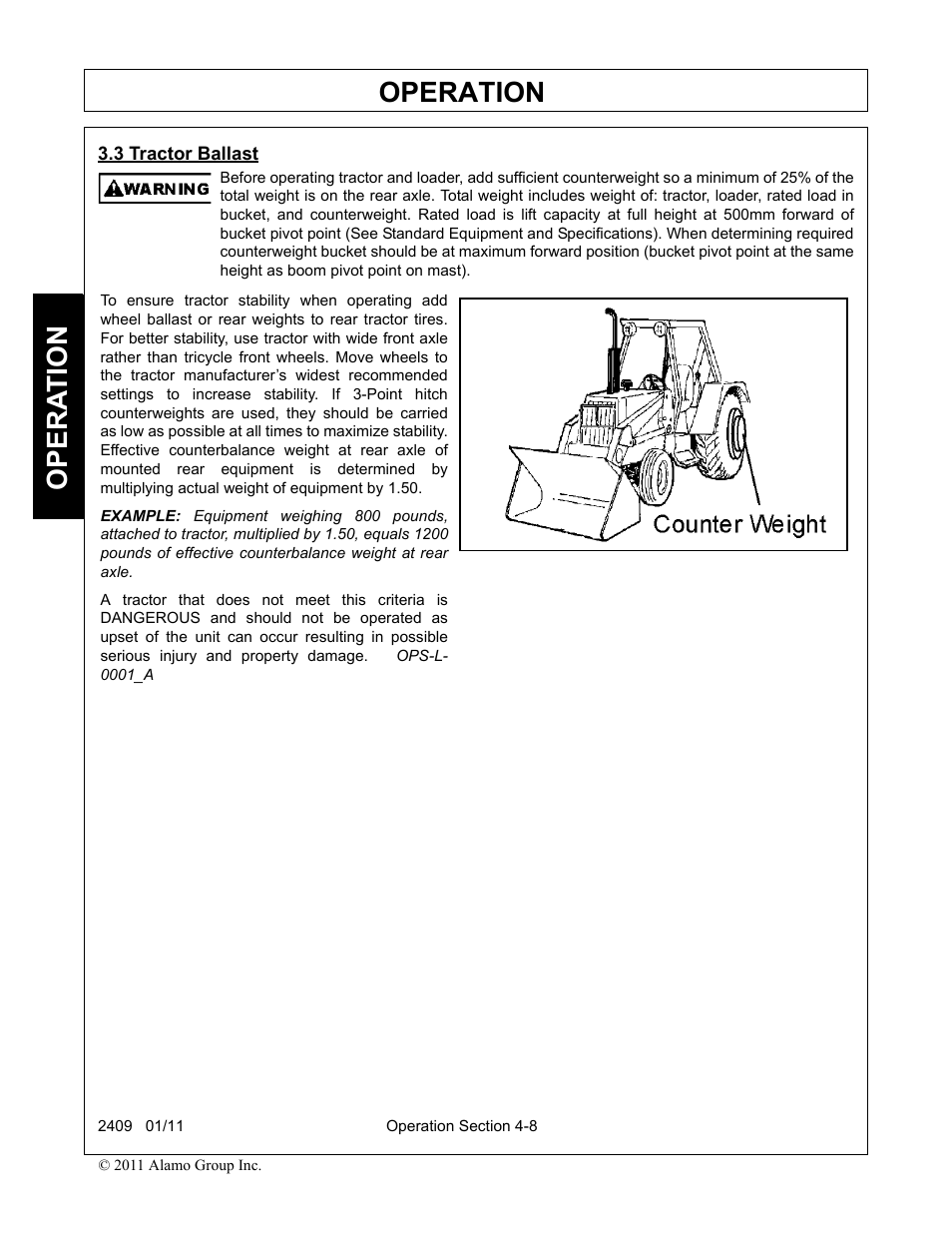 3 tractor ballast, Tractor ballast -8, Operation | Opera t ion | Alamo RHINO 2409 User Manual | Page 54 / 106