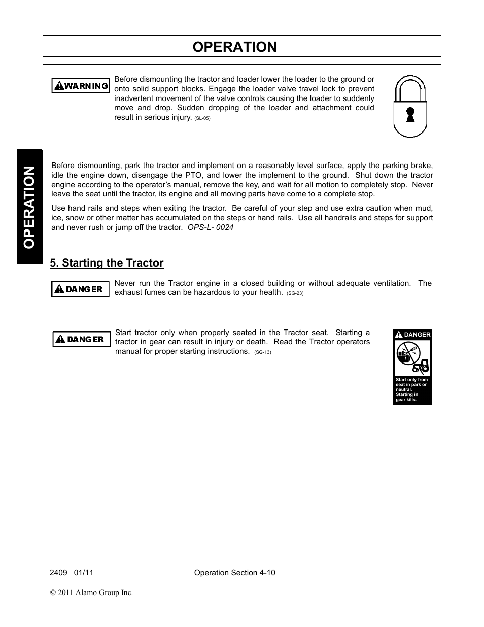 Starting the tractor, Starting the tractor -10, Operation | Opera t ion | Alamo RHINO 2409 User Manual | Page 56 / 106
