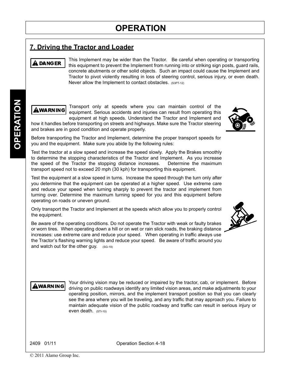 Driving the tractor and loader, Driving the tractor and loader -18, Operation | Opera t ion | Alamo RHINO 2409 User Manual | Page 64 / 106