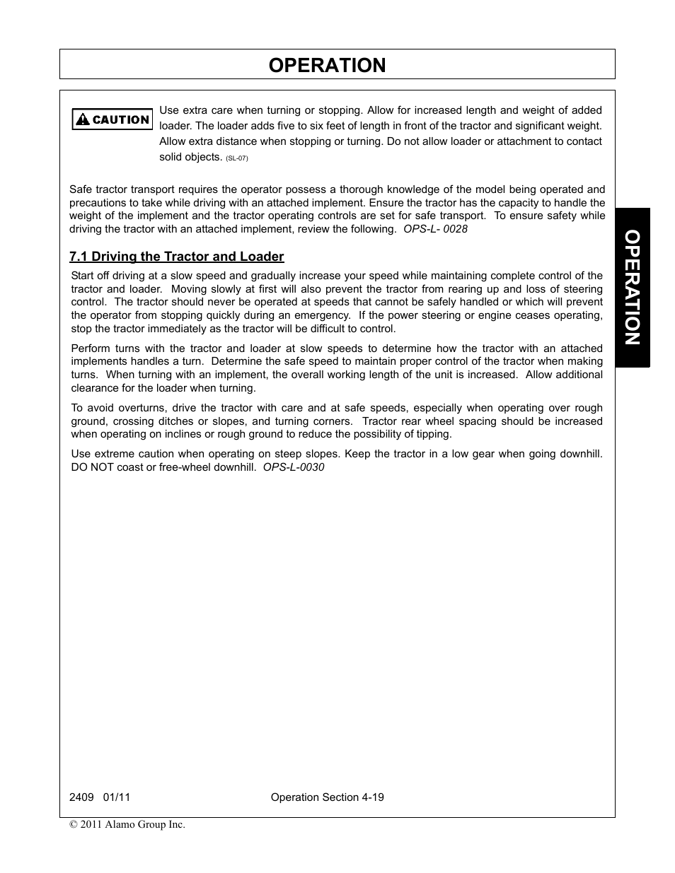 1 driving the tractor and loader, Driving the tractor and loader -19, Operation | Opera t ion | Alamo RHINO 2409 User Manual | Page 65 / 106