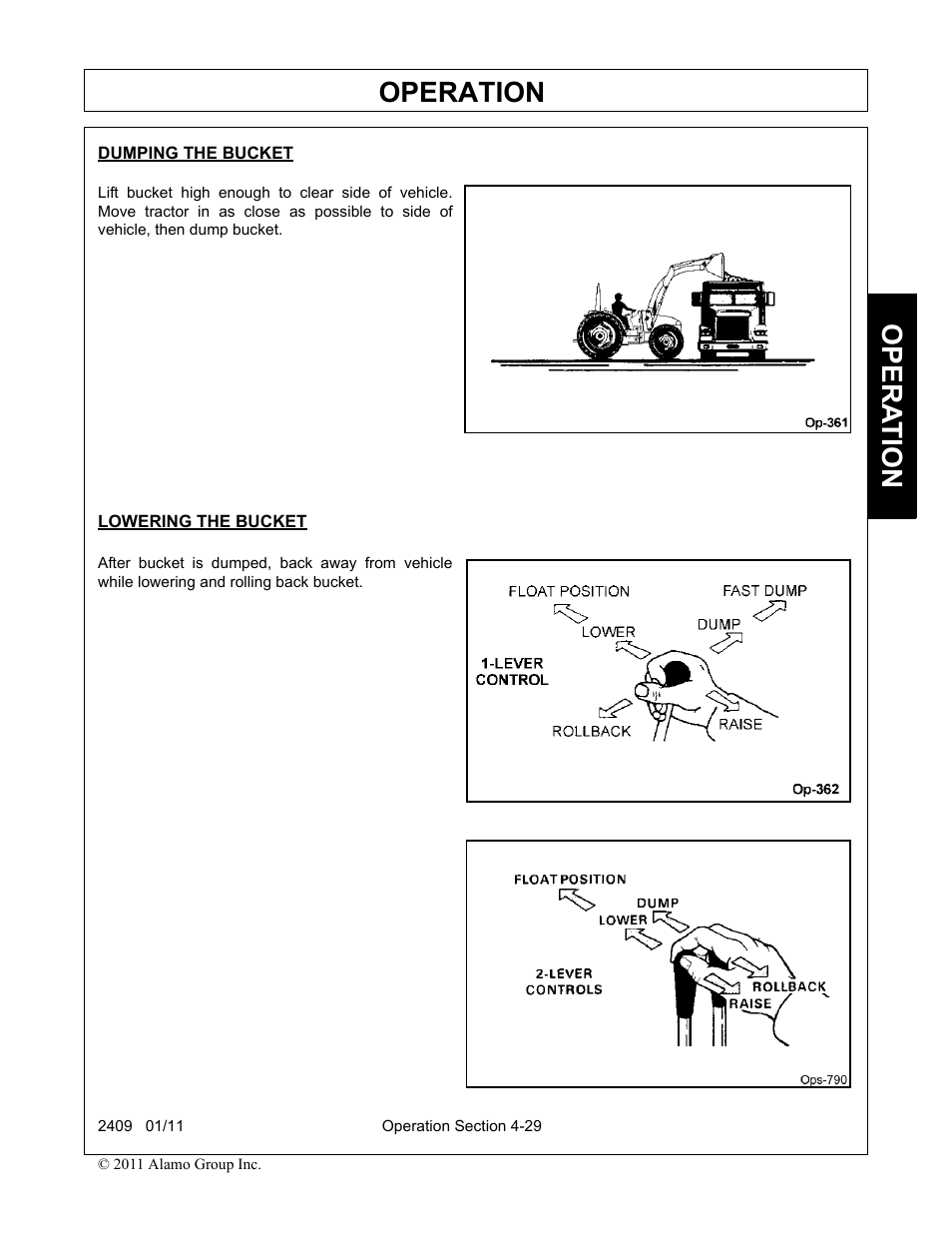 Dumping the bucket, Lowering the bucket, Operation | Opera t ion | Alamo RHINO 2409 User Manual | Page 75 / 106