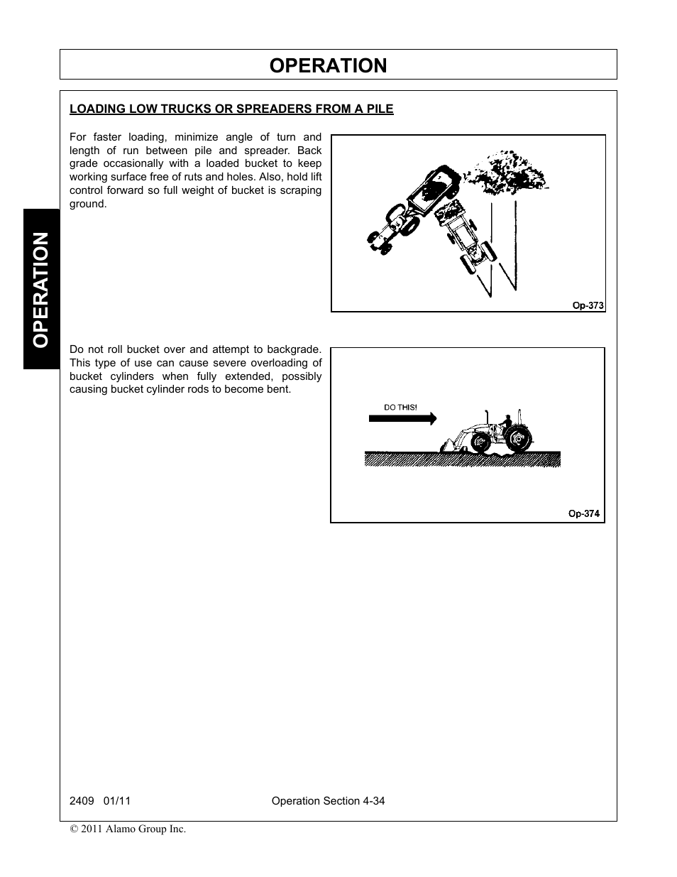 Loading low trucks or spreaders from a pile, Operation, Opera t ion | Alamo RHINO 2409 User Manual | Page 80 / 106