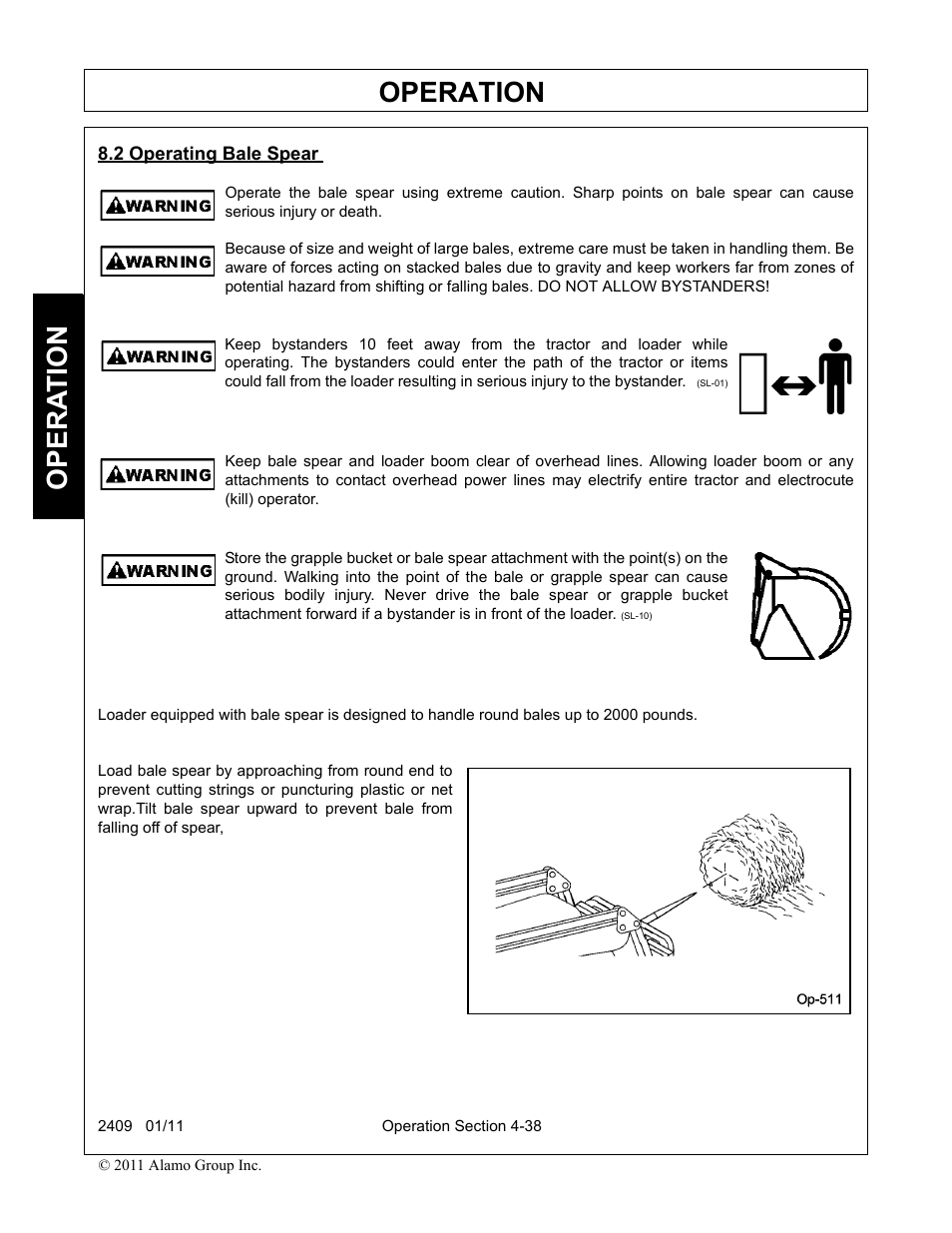 2 operating bale spear, Operating bale spear -38, Operation | Opera t ion | Alamo RHINO 2409 User Manual | Page 84 / 106