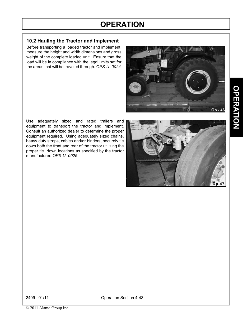 2 hauling the tractor and implement, Hauling the tractor and implement -43, Operation | Opera t ion | Alamo RHINO 2409 User Manual | Page 89 / 106