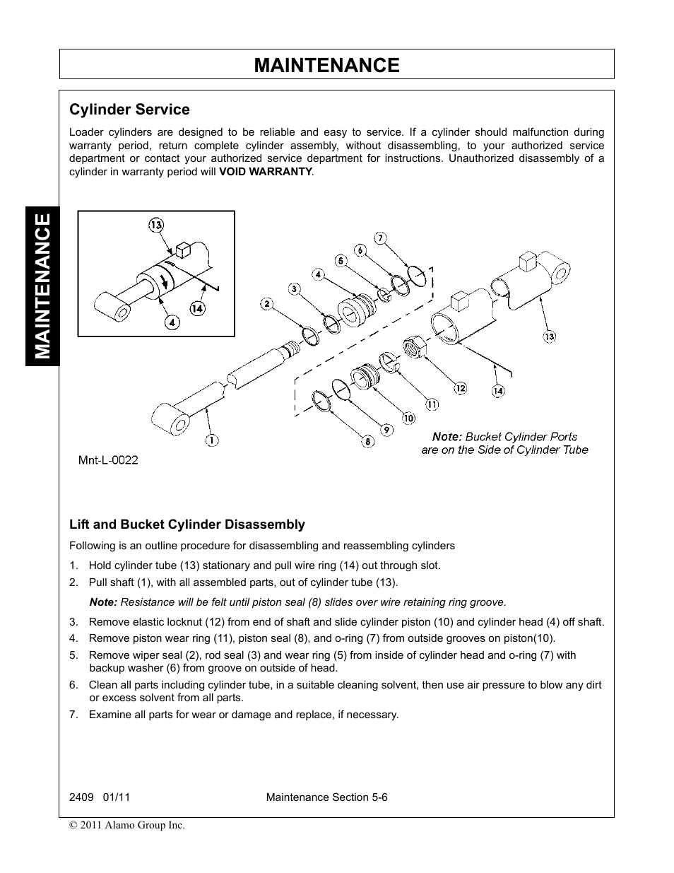 Cylinder service, Lift and bucket cylinder disassembly, Maintenance | Alamo RHINO 2409 User Manual | Page 98 / 106