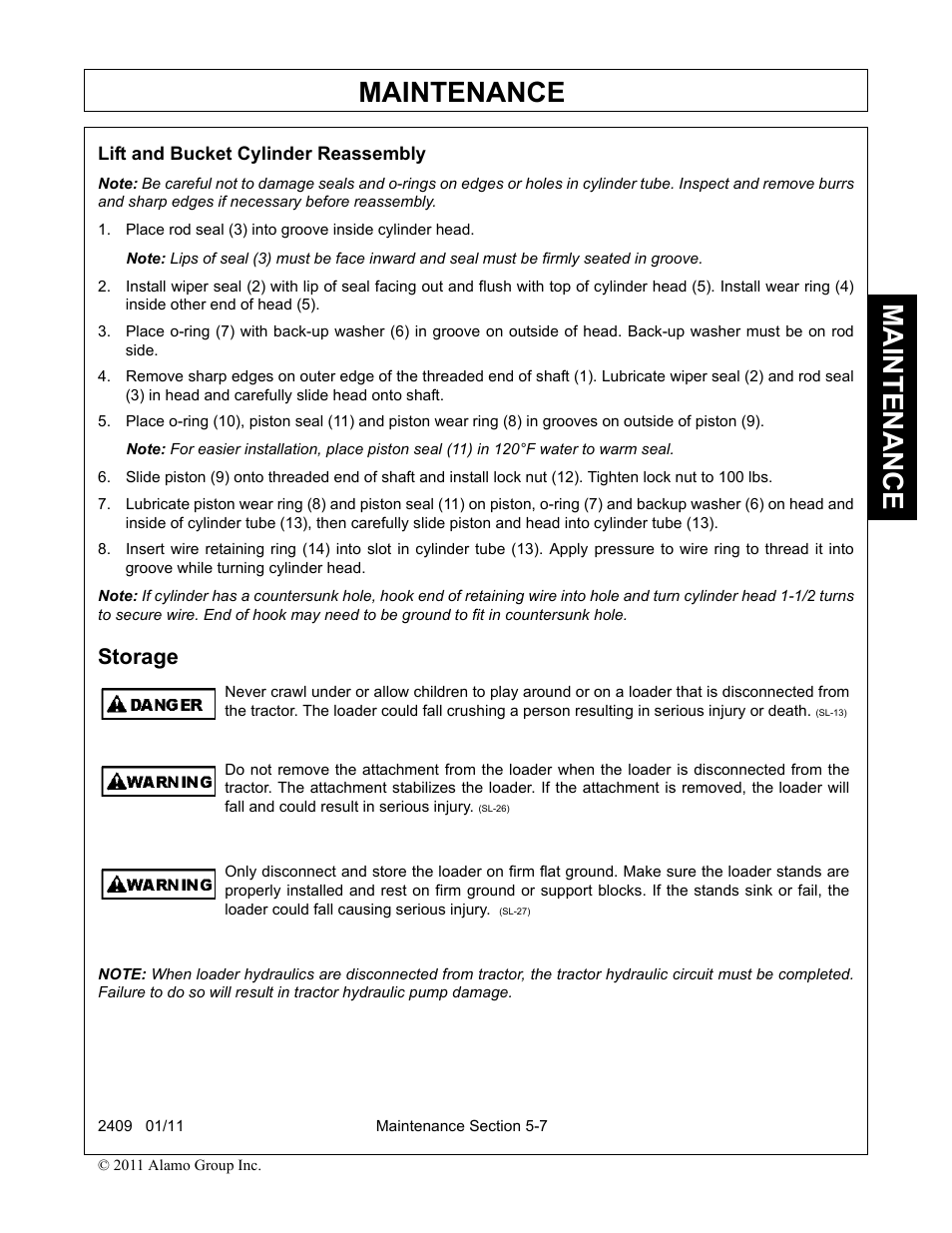 Lift and bucket cylinder reassembly, Storage, Lift and bucket cylinder reassembly -7 storage -7 | Maintenance | Alamo RHINO 2409 User Manual | Page 99 / 106