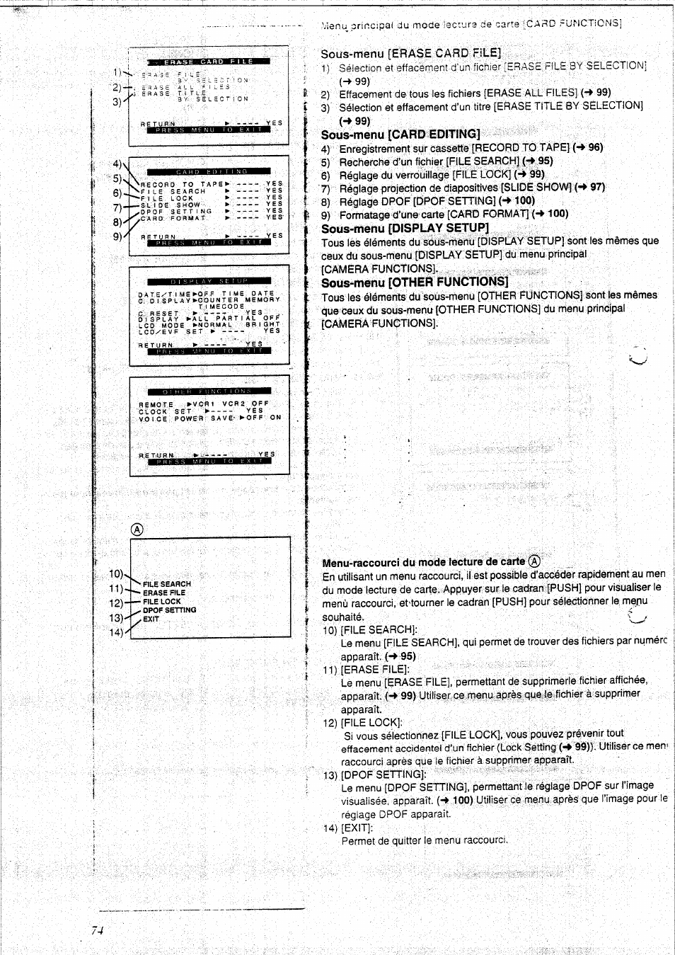 Sous-menu [card editing, Sous-menu [display setup, Sous-menu [other functions | Sous-menu [erase card file, Menu-raccourci du mode lecture de carte | Panasonic NVEX21EG User Manual | Page 18 / 64