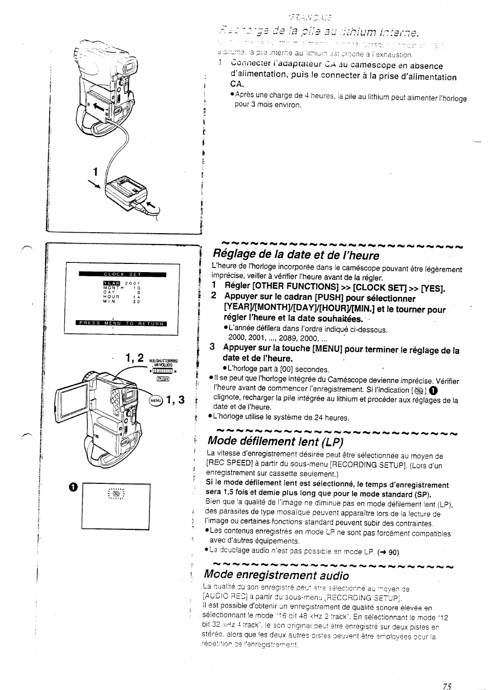 Réglage de ia date et de l’heure, 1 régler [other functions] » [clock set] » [yes, Mode défilement lent (lp) | Mode enregistrement audio | Panasonic NVEX21EG User Manual | Page 19 / 64