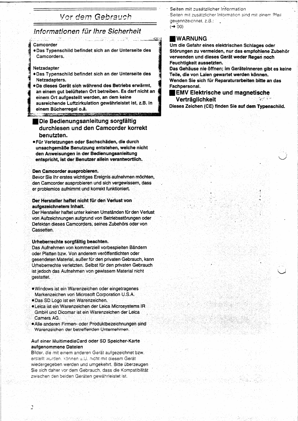 Vor dem gebrauch, Informationen für ihre sicherheit | Panasonic NVEX21EG User Manual | Page 2 / 64