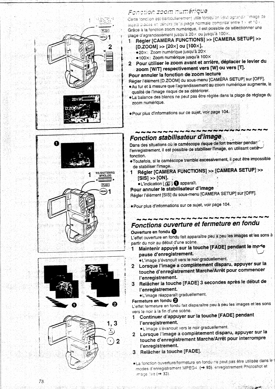 Fonction stabilisateur d'image, Fonctions ouverture et fermeture en fondu | Panasonic NVEX21EG User Manual | Page 22 / 64