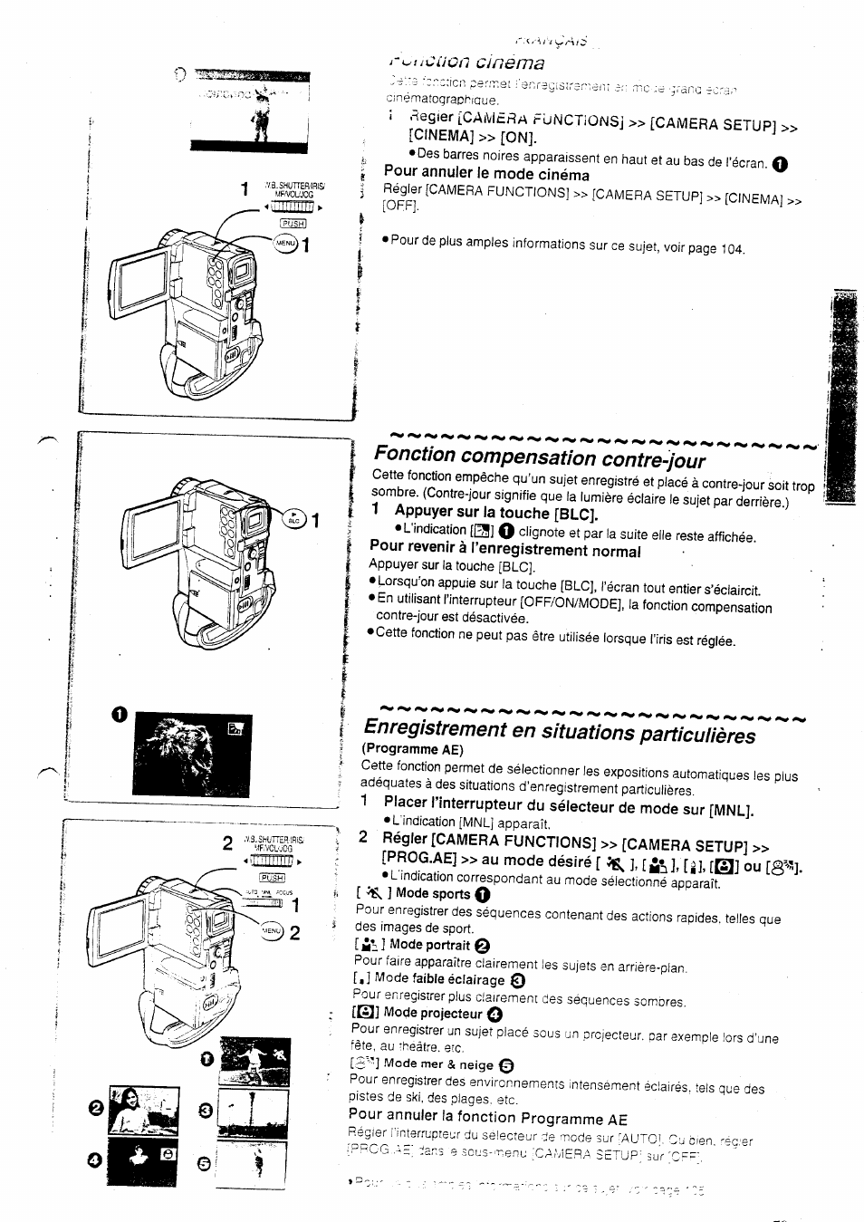 Pour annuler le mode cinéma, Fonction compensation contre-jour, 1 appuyer sur la touche [blc | Pour revenir à l’enregistrement normal, Enregistrement en situations particulières, 2 régler [camera functions] » [camera setup, Pour annuler !a fonction programme ae, R^ticuon cinema | Panasonic NVEX21EG User Manual | Page 23 / 64