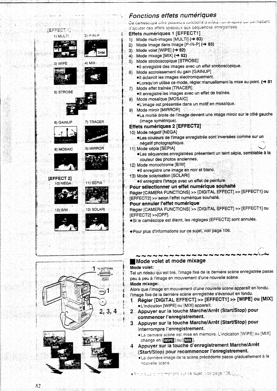Fonctions effets numériques, Effets numériques 2 [effect2, Pour sélectionner un effet numérique souhaité | Pour annuler l’effet numérique, Fonction zoom numérique | Panasonic NVEX21EG User Manual | Page 26 / 64