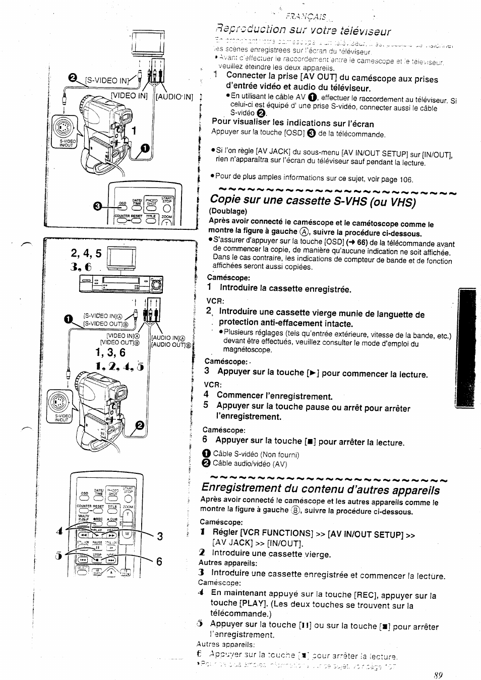 Copie sur une cassette s-vhs (ou vhs), Enregistrement du contenu d’autres appareils, Copie sur une cassette | Vhs), Raproducîion sur votre ïaiévisaur | Panasonic NVEX21EG User Manual | Page 33 / 64