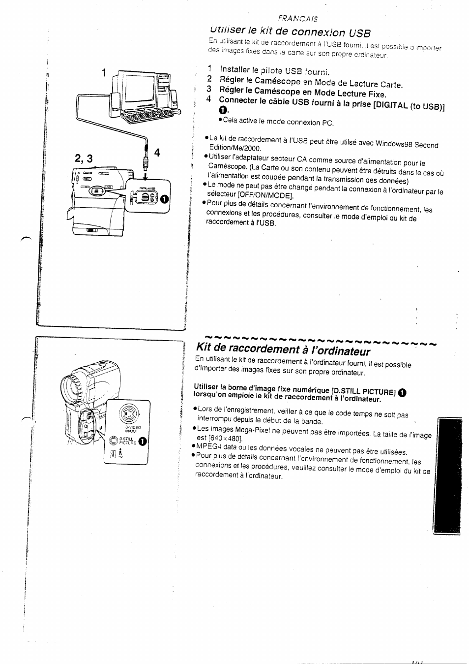 Kit de raccordement à ¡’ordinateur, Kit de raccordement à l’ordinateur, Uîiiiser le kit de connexion usb | Panasonic NVEX21EG User Manual | Page 45 / 64