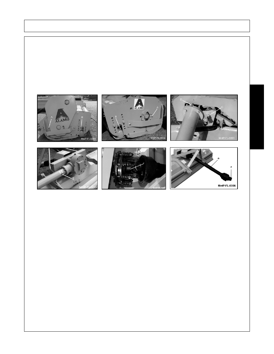 A. cuttershaft bearings, B. roller bearing, C. rear mower idler arm | D. banjo bearing, E. banjo coupling, F. driveline yoke, G. driveline telescoping joint, Slip clutch, Slip clutch -3, Maintenance | Alamo SHD88 User Manual | Page 129 / 140