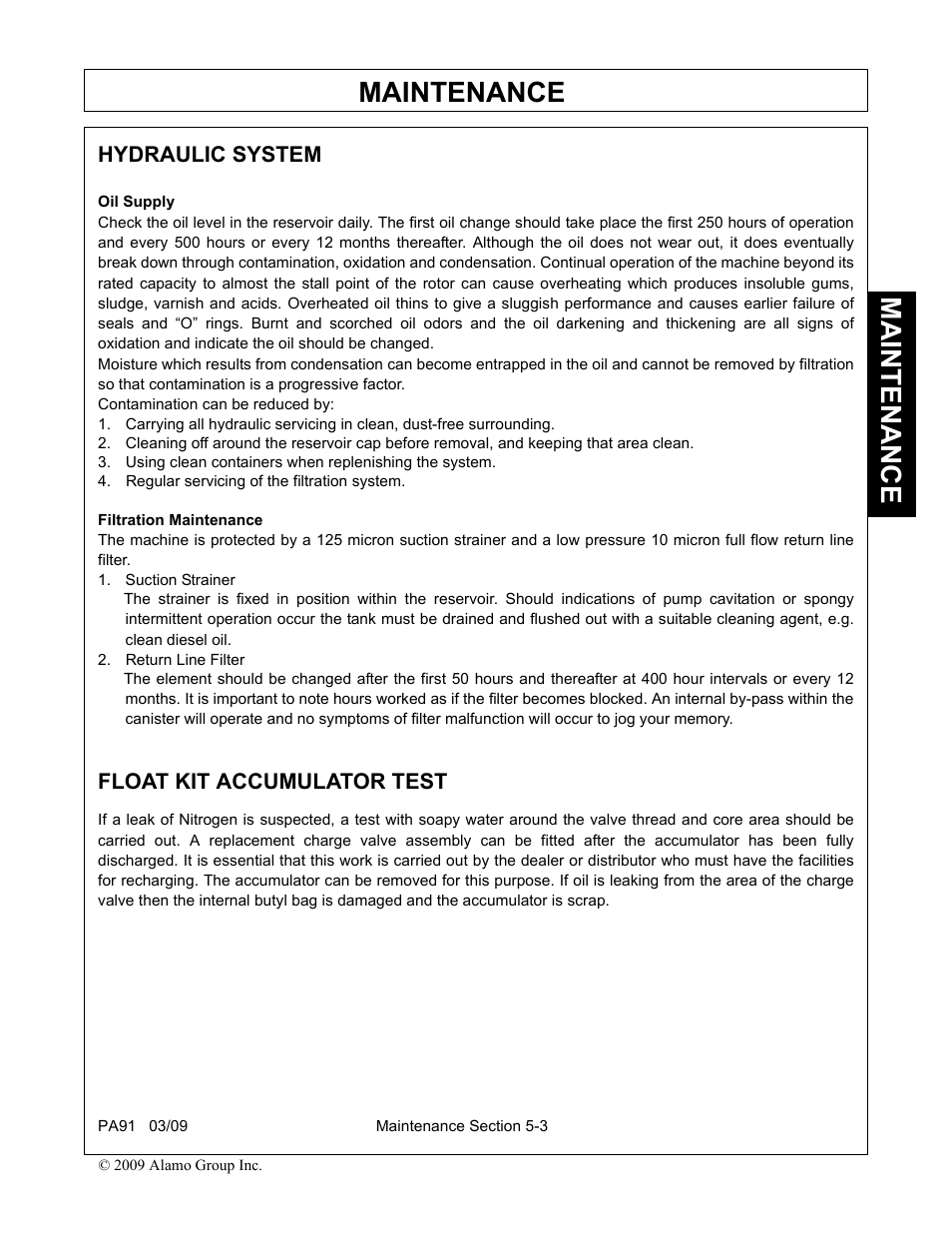 Hydraulic system, Regular servicing of the filtration system, Suction strainer | Return line filter, Float kit accumulator test, Hydraulic system -3 float kit accumulator test -3, Maintenance | Alamo 7191852C User Manual | Page 101 / 110