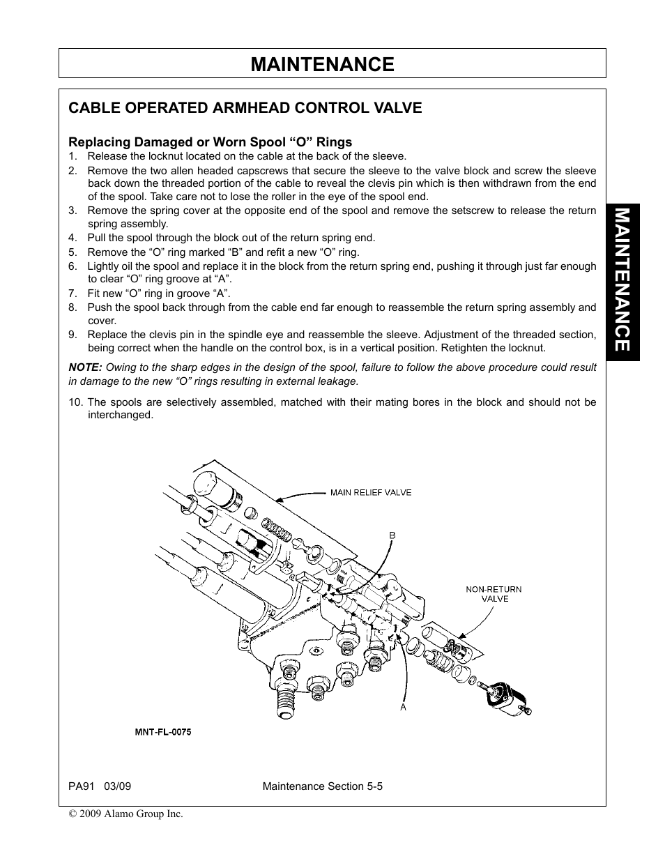 Cable operated armhead control valve, Replacing damaged or worn spool “o” rings, Fit new “o” ring in groove “a | Maintenance | Alamo 7191852C User Manual | Page 103 / 110