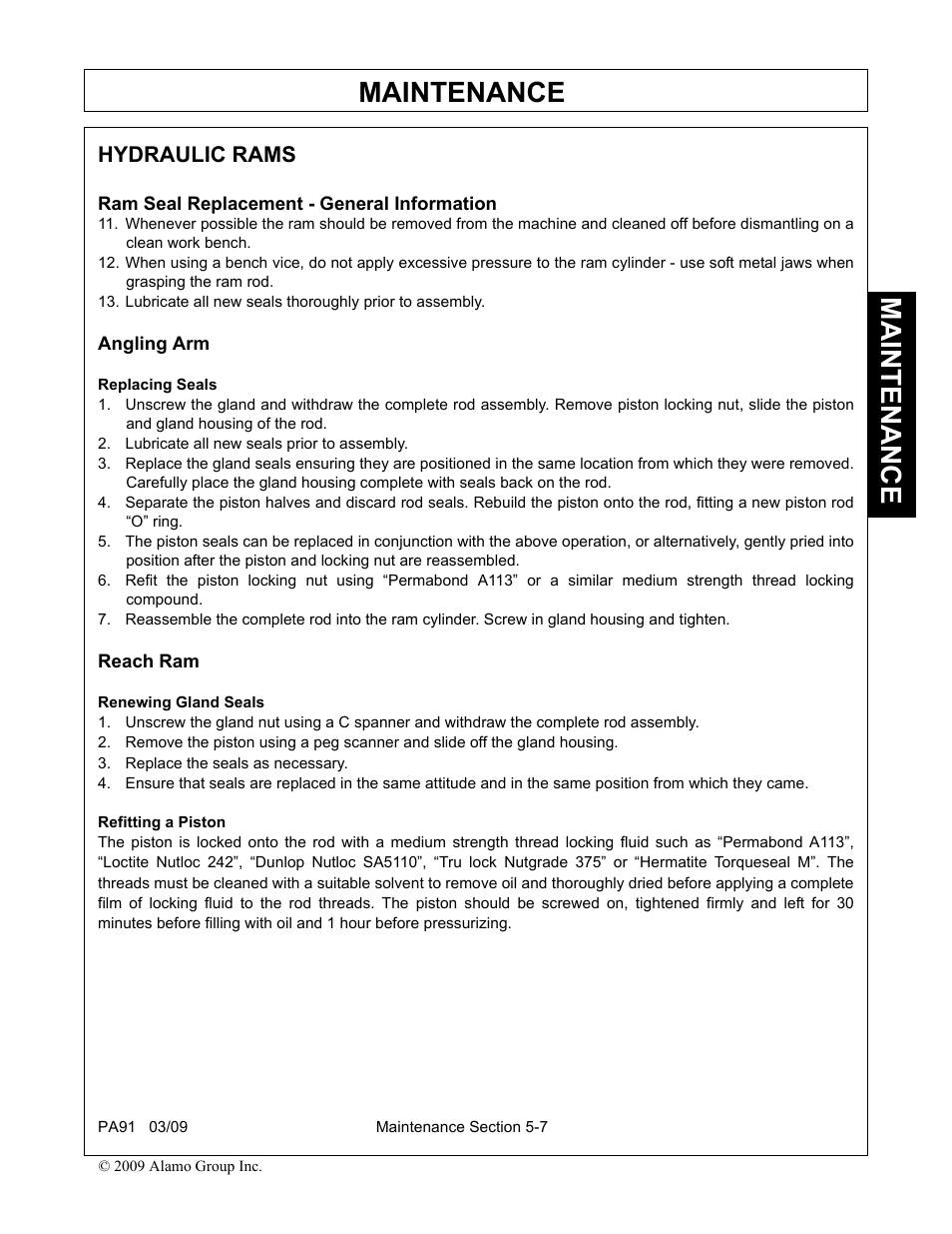 Hydraulic rams, Ram seal replacement - general information, Angling arm | Lubricate all new seals prior to assembly, Reach ram, Replace the seals as necessary, Maintenance | Alamo 7191852C User Manual | Page 105 / 110