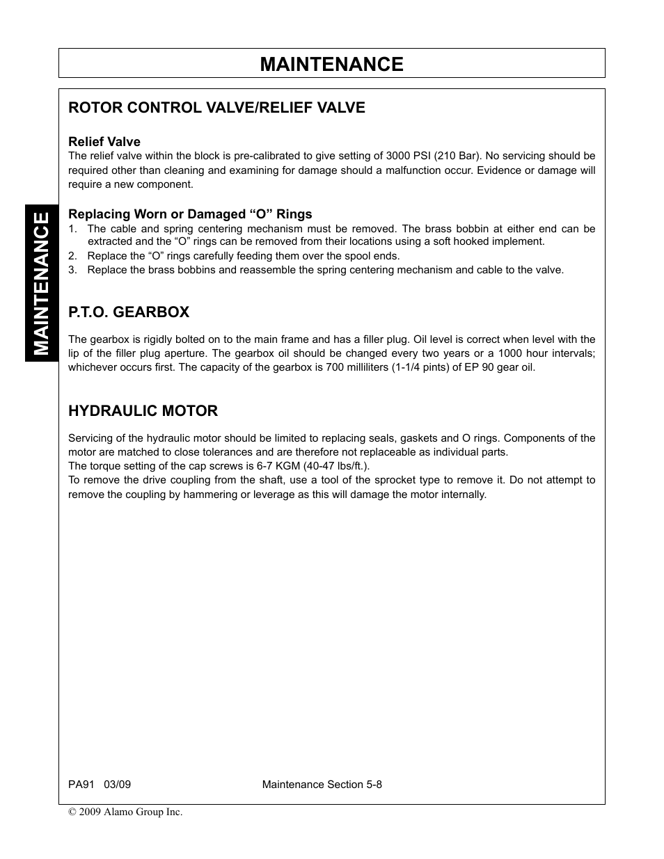 Rotor control valve/relief valve, Relief valve, Replacing worn or damaged “o” rings | P.t.o. gearbox, Hydraulic motor, Maintenance | Alamo 7191852C User Manual | Page 106 / 110