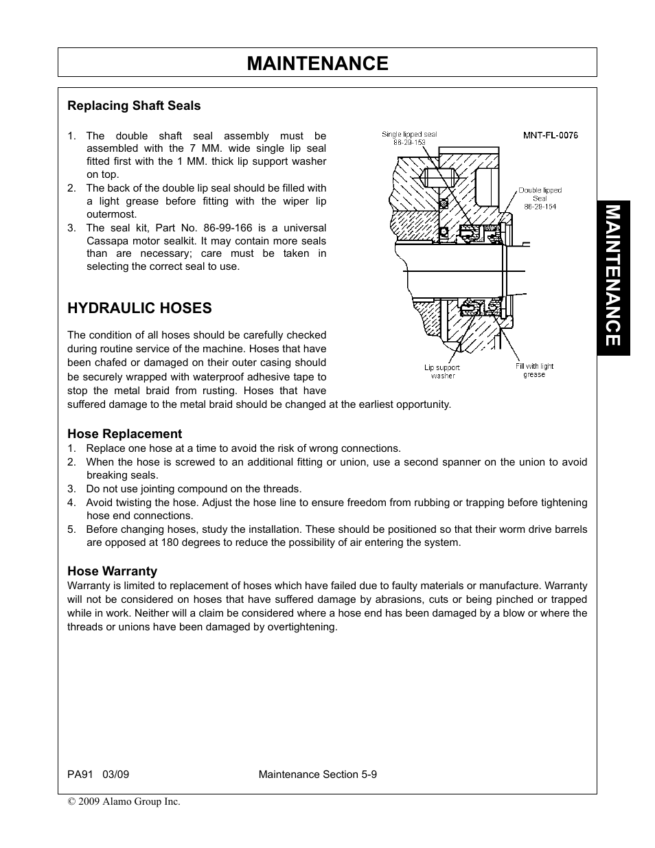 Replacing shaft seals, Hydraulic hoses, Hose replacement | Do not use jointing compound on the threads, Hose warranty, Maintenance | Alamo 7191852C User Manual | Page 107 / 110