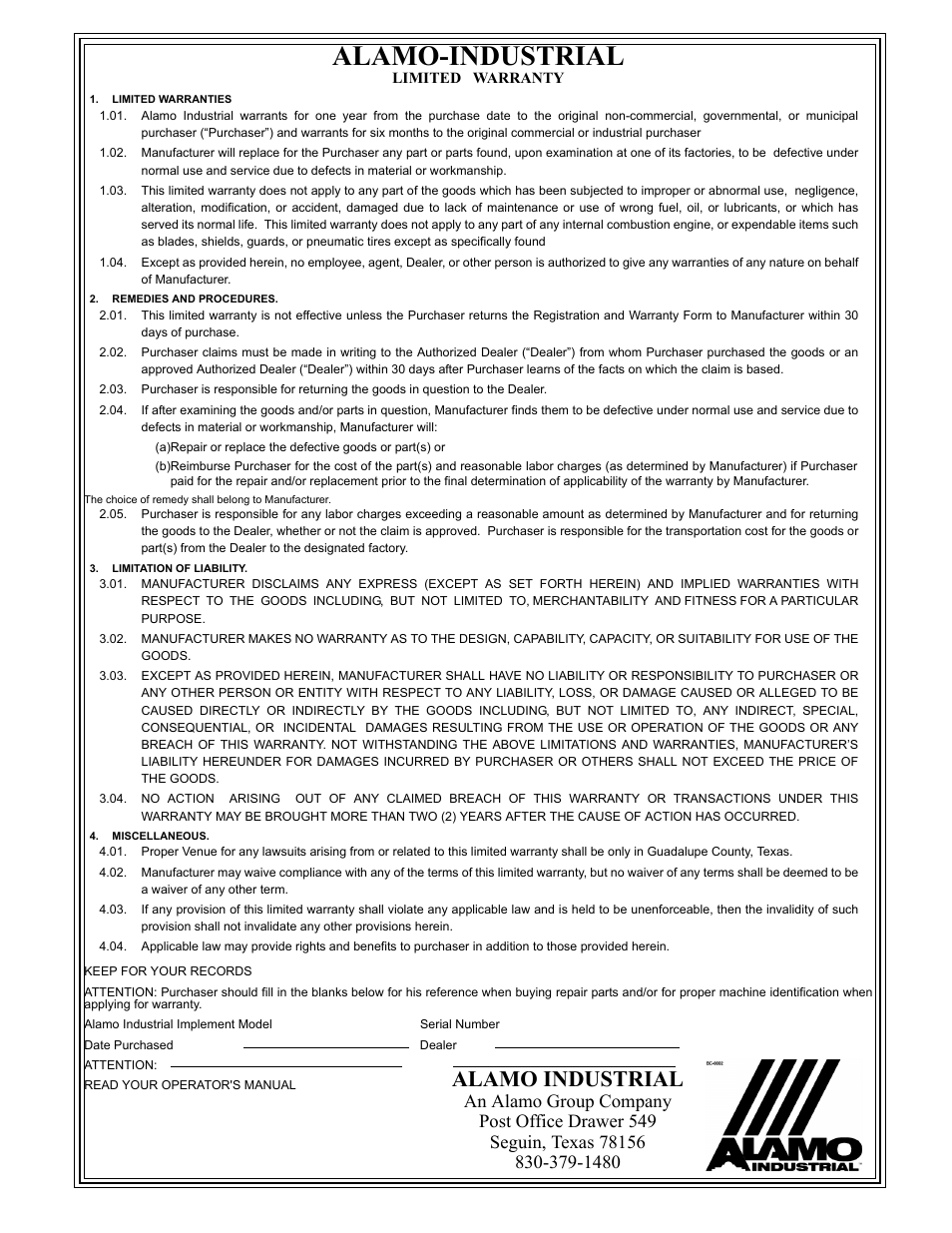 Alamo-industrial, Limited warranty, Limited warranties | Remedies and procedures, Limitation of liability, Miscellaneous, Alamo industrial, An alamo group company, Post office drawer 549, Seguin, texas 78156 | Alamo 7191852C User Manual | Page 108 / 110