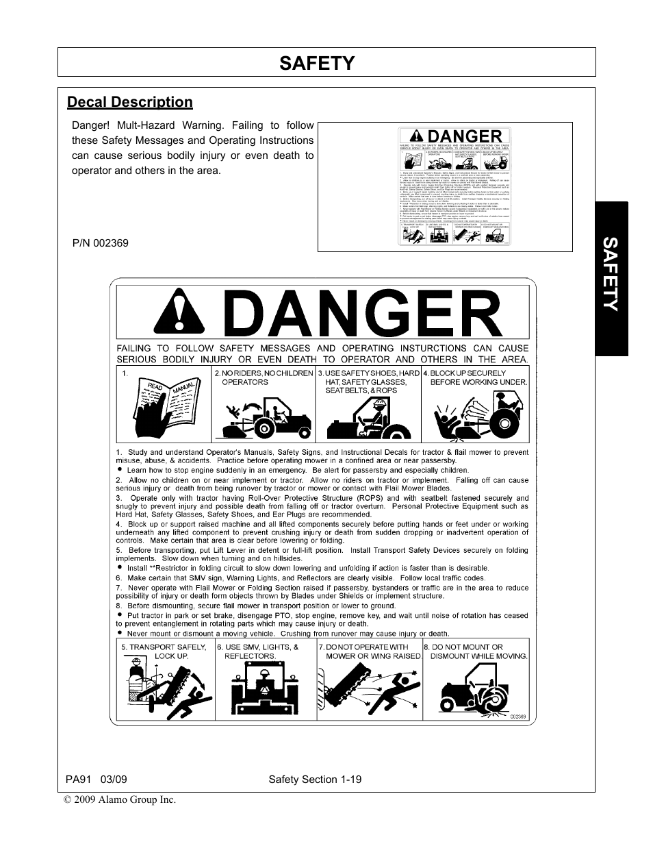 Decal description, Decal description -19, Safety | Alamo 7191852C User Manual | Page 27 / 110