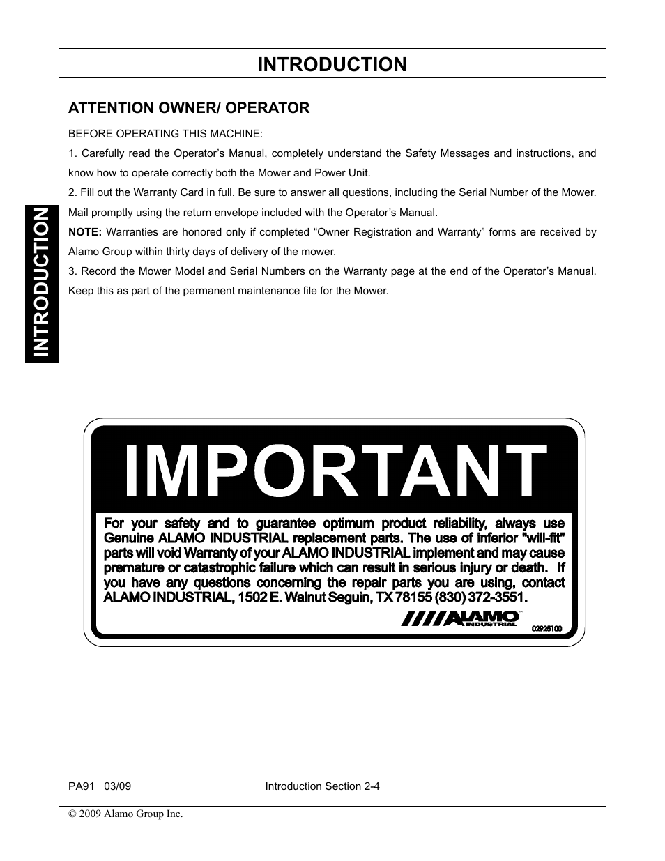 Attention owner/ operator, Introduction | Alamo 7191852C User Manual | Page 40 / 110