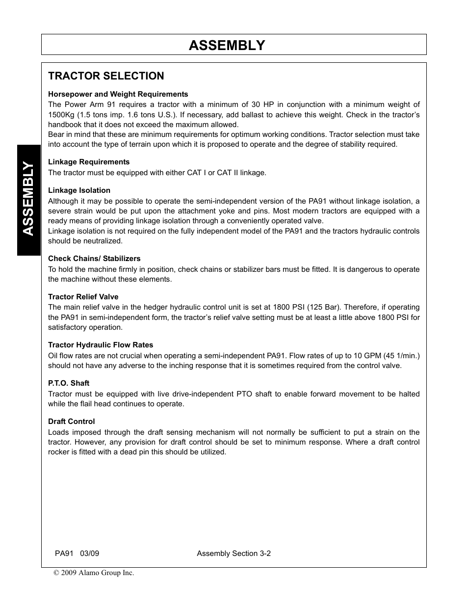 Tractor selection, Horsepower and weight requirements, Linkage requirements | Linkage isolation, Check chains/ stabilizers, Tractor relief valve, Tractor hydraulic flow rates, P.t.o. shaft, Draft control, Assembly | Alamo 7191852C User Manual | Page 42 / 110