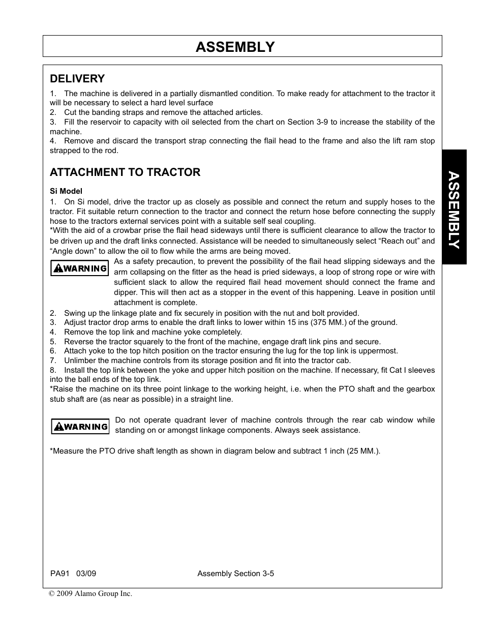 Delivery, Attachment to tractor, Si model | Remove the top link and machine yoke completely, Delivery -5 attachment to tractor -5 si model -5, Assembly, Assembl y | Alamo 7191852C User Manual | Page 45 / 110